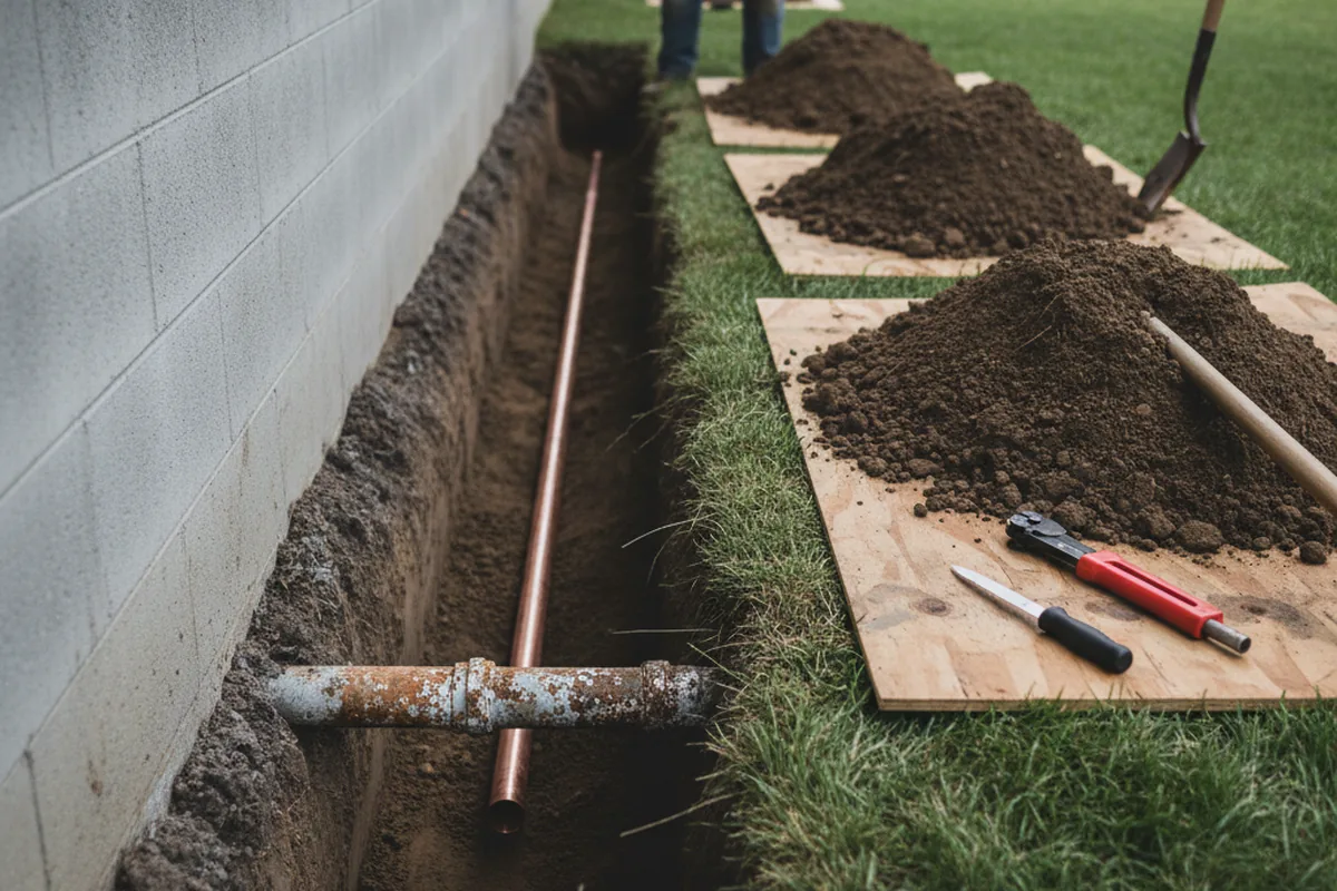 Excavated water line trench during Sewer Line Repair in Bremen